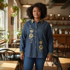 Susan Graver Denim Barn Jacket Shirt Chore Embroidered Size 3X EUC